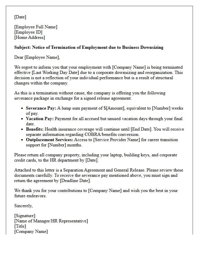 Company Downsizing Termination Without Cause Severance Letter