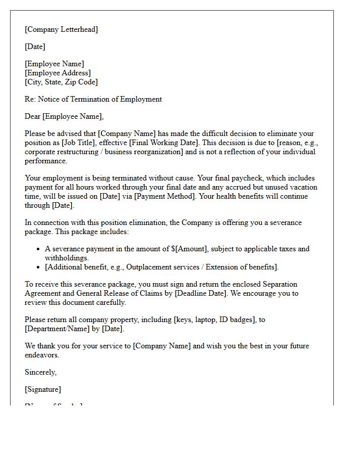 Position Elimination Termination Without Cause Severance Letter