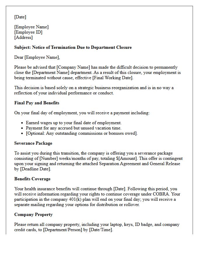 Department Closure Termination Without Cause Severance Letter