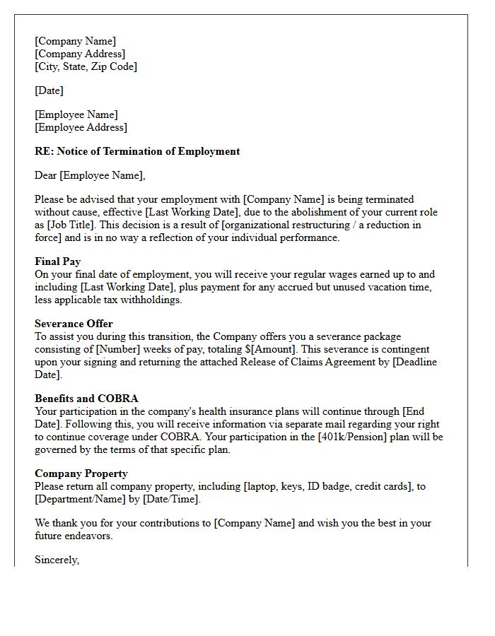 Role Abolishment Termination Without Cause Severance Letter