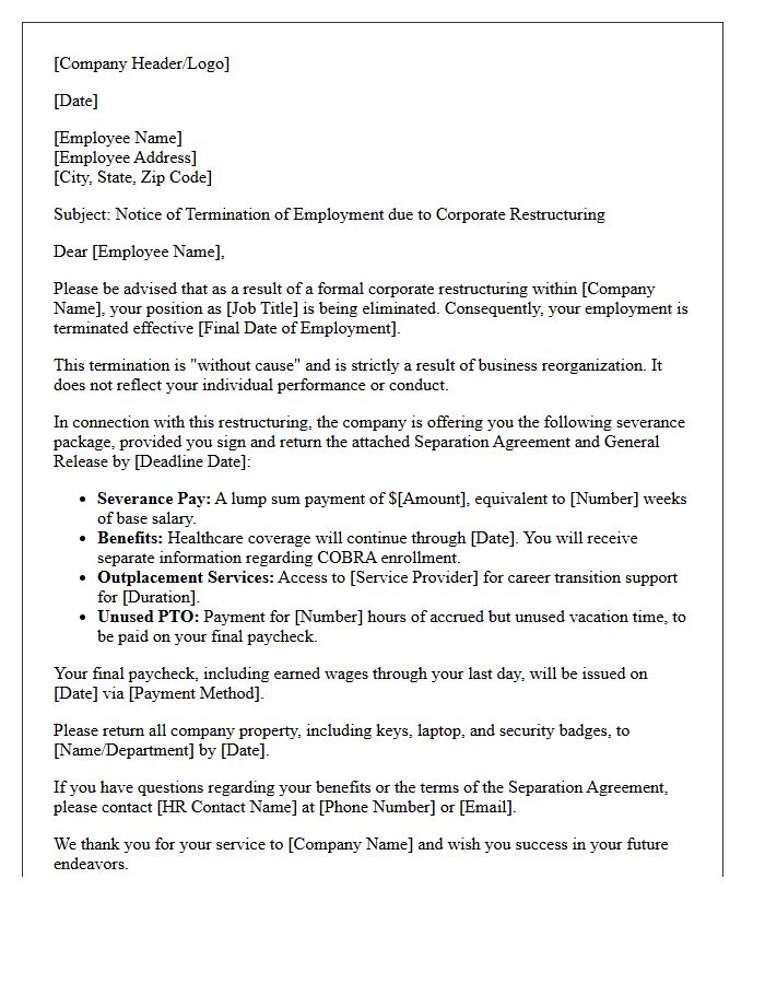 Corporate Restructuring Termination Without Cause Severance Letter