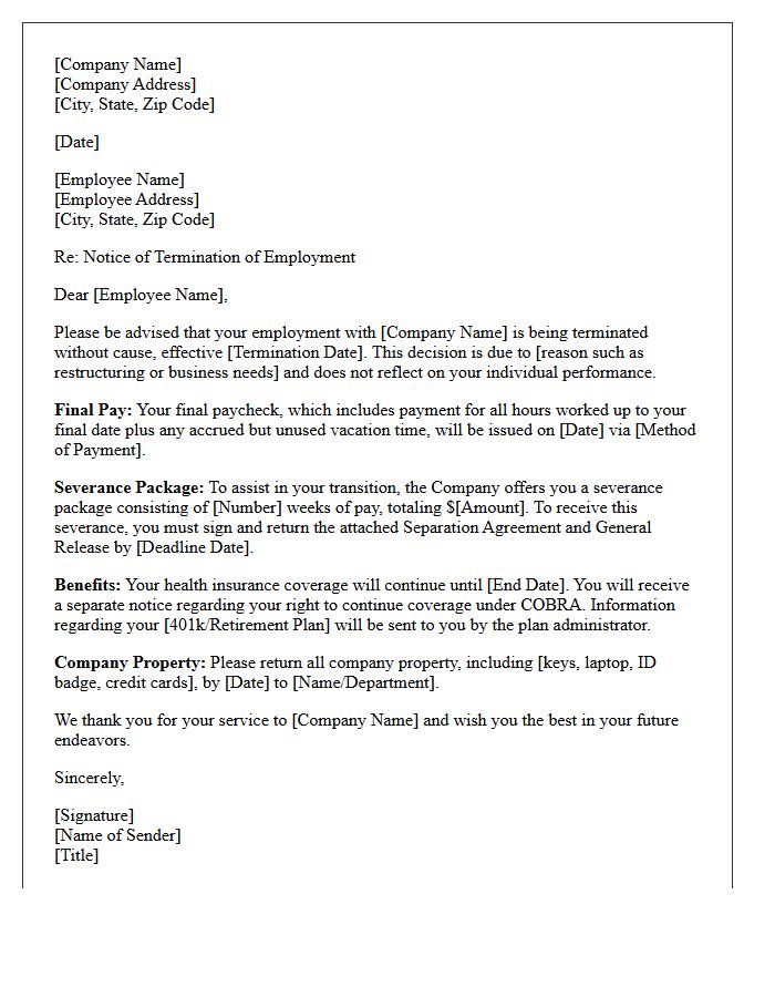 General Employee Termination Without Cause Severance Letter