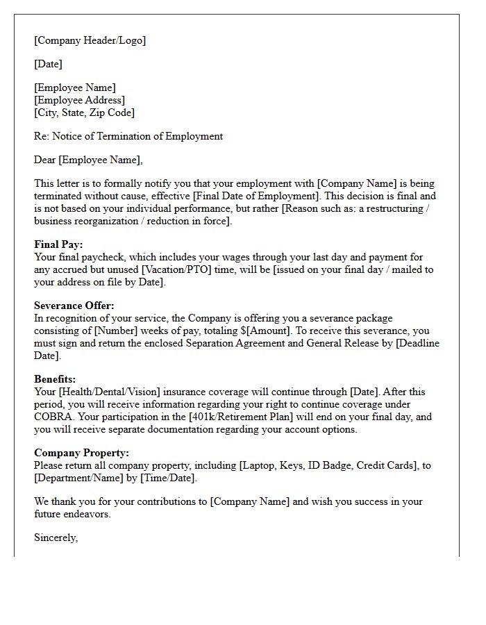 At-Will Employment Termination Without Cause Severance Letter