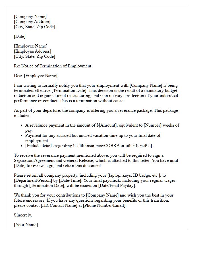 Budget Reduction Termination Without Cause Severance Letter