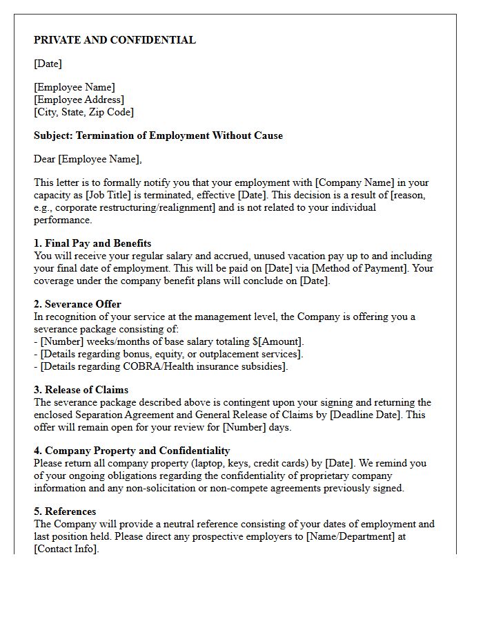 Management Level Termination Without Cause Severance Letter