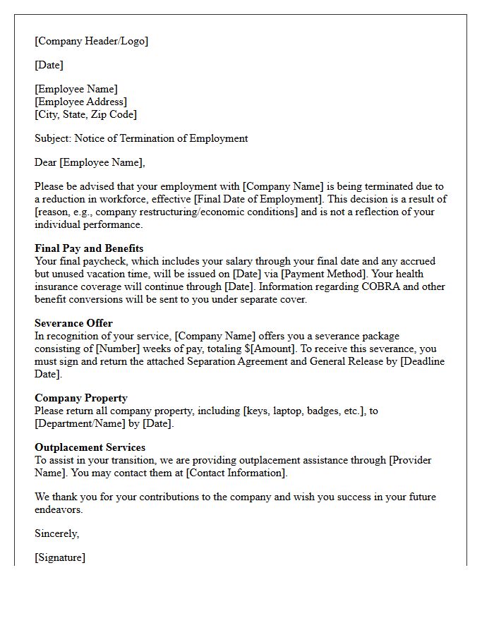 Workforce Reduction Termination Without Cause Severance Letter