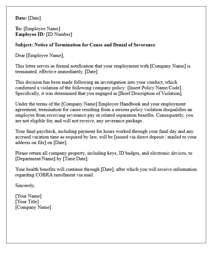 Company Policy Violation Termination Cause Severance Denial Letter