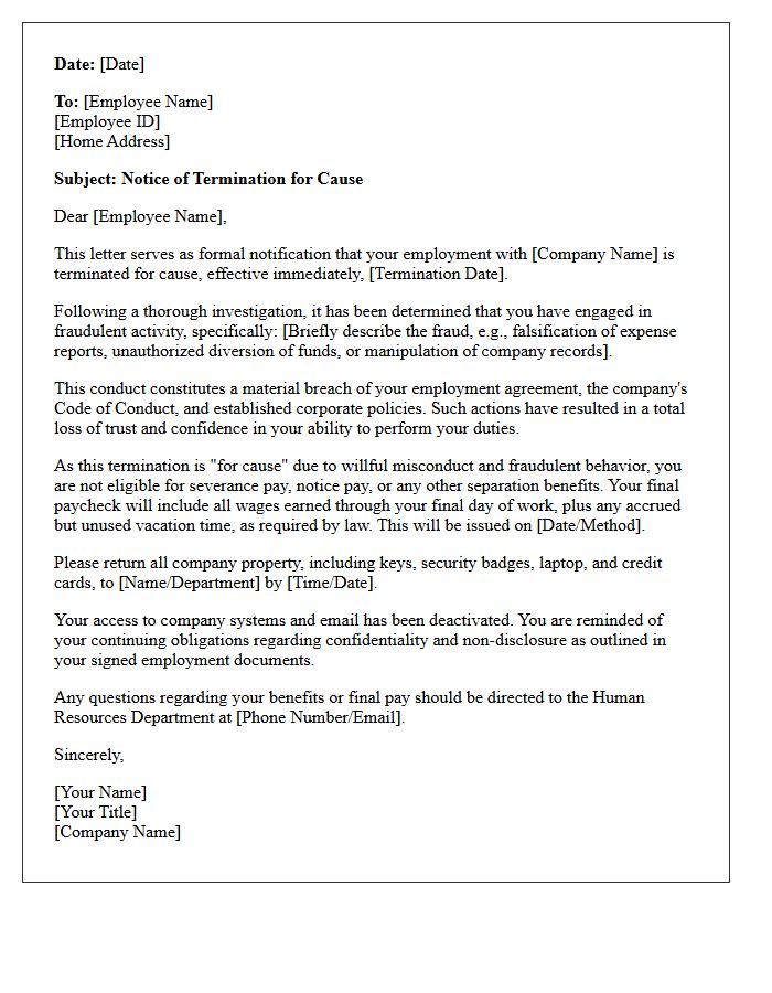 Fraudulent Activity Termination With Cause Severance Denial Letter