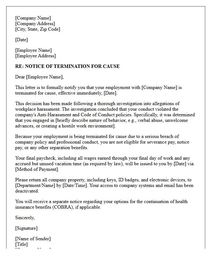 Workplace Harassment Termination Cause Severance Denial Letter