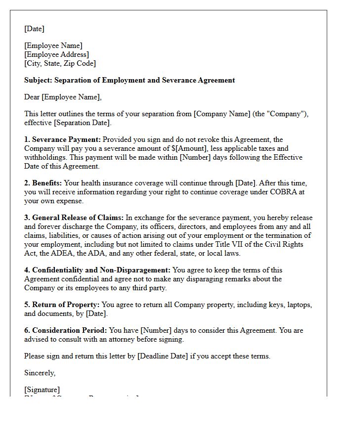 Standard Severance Letter with General Release of Claims