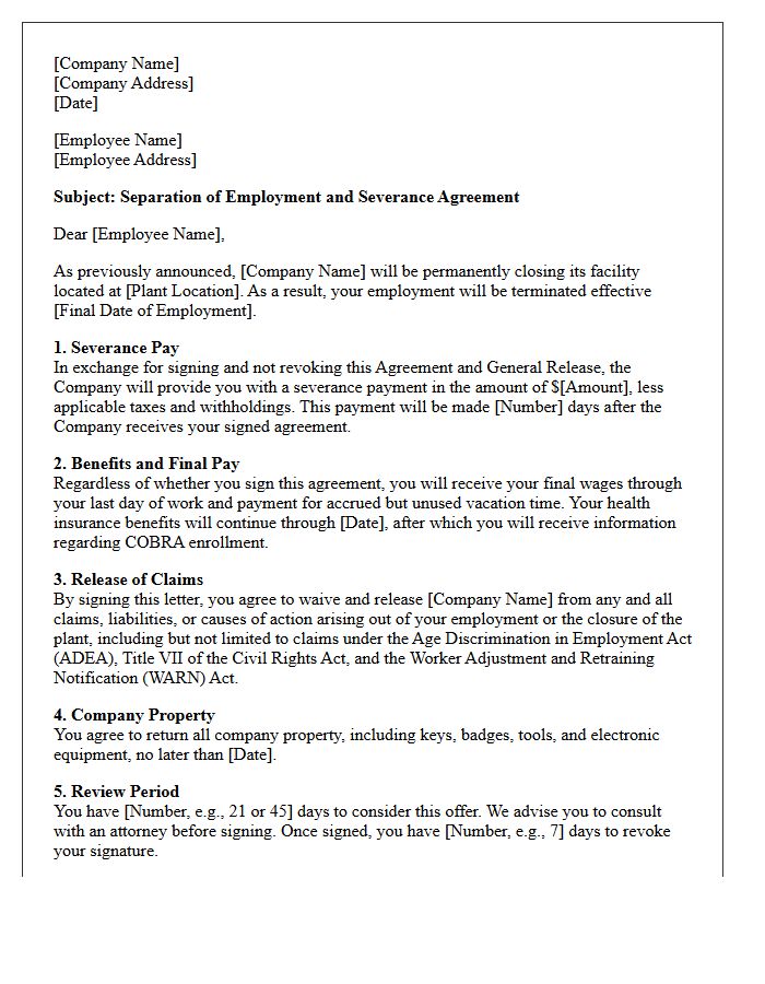 Plant Closure Severance and Release Letter