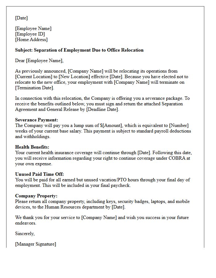 Standard Company Relocation Severance Letter