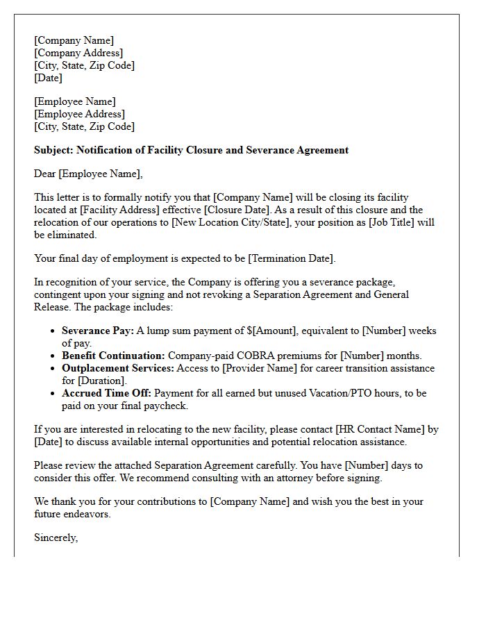 Facility Closure and Relocation Severance Letter