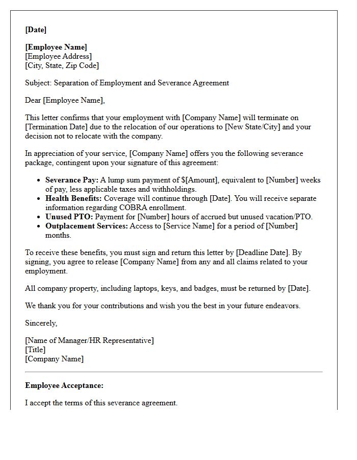 Out of State Relocation Severance Letter