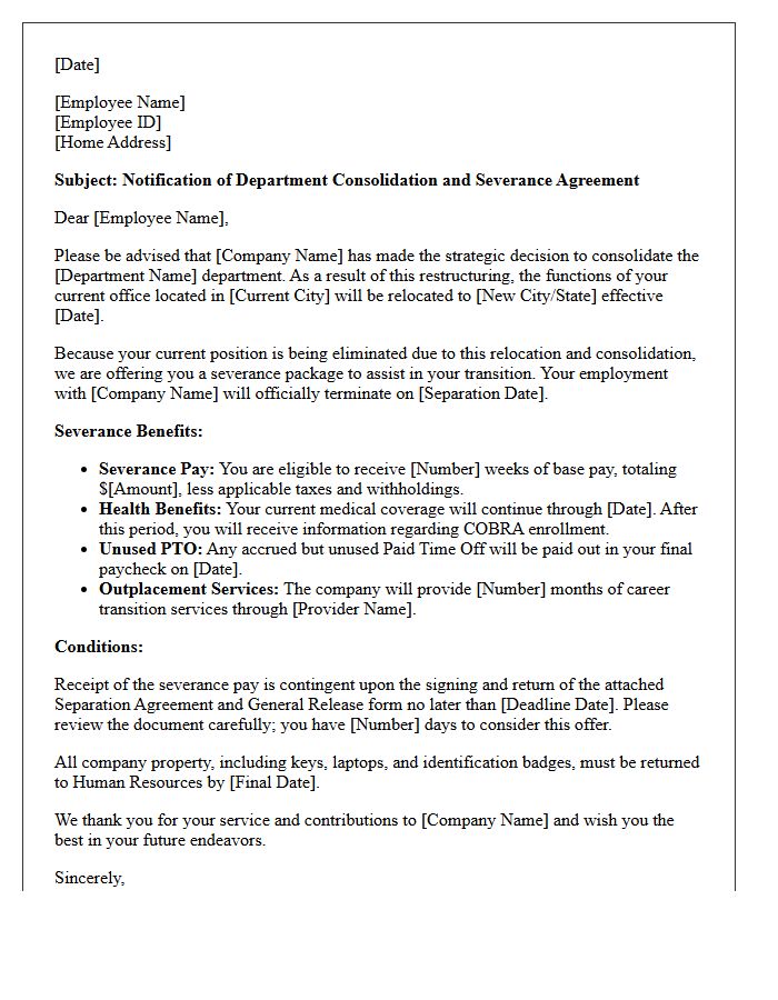 Department Consolidation Relocation Severance Letter