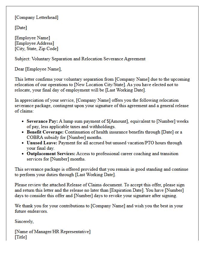 Voluntary Separation Relocation Severance Letter