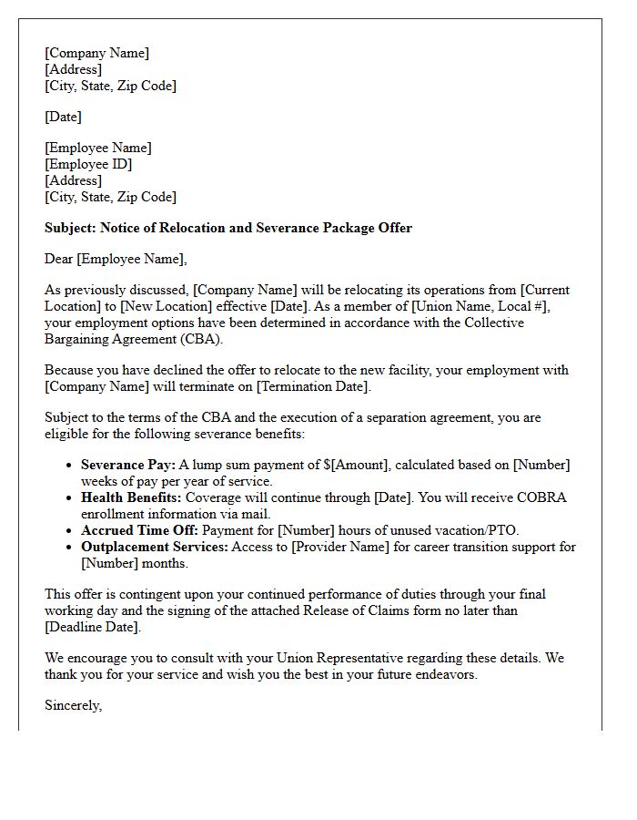 Union Employee Relocation Severance Letter