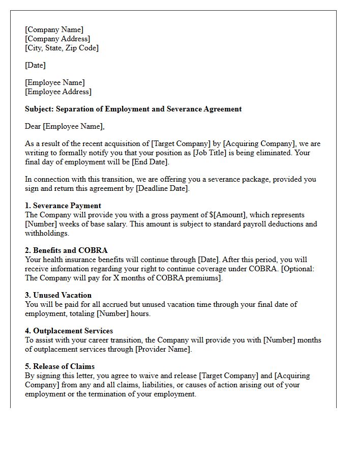Standard Merger And Acquisition Severance Letter