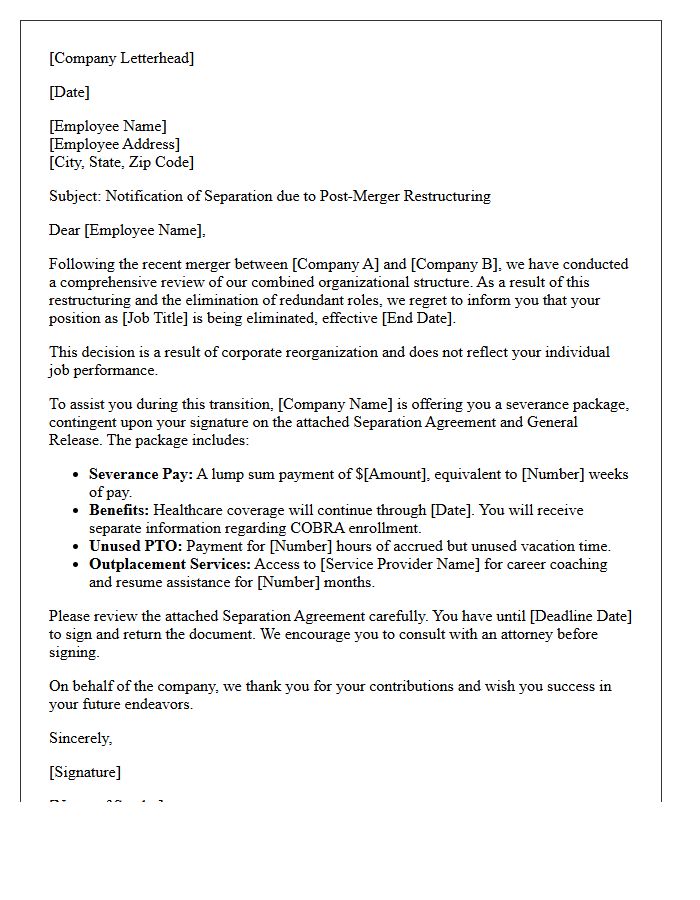 Post-Merger Restructuring Severance Letter