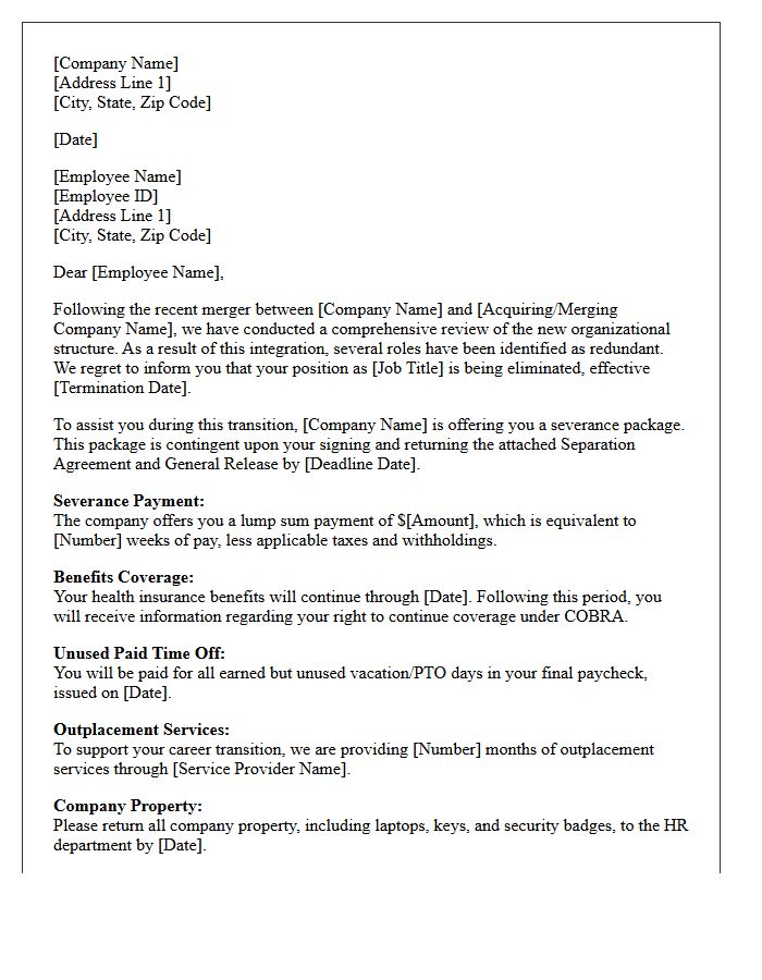 Corporate Redundancy Merger And Acquisition Severance Letter