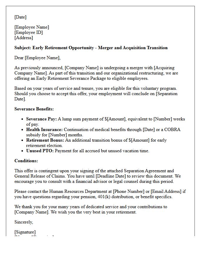Early Retirement Merger And Acquisition Severance Letter