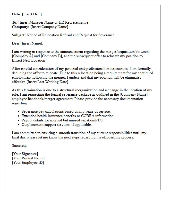 Relocation Refusal Merger And Acquisition Severance Letter