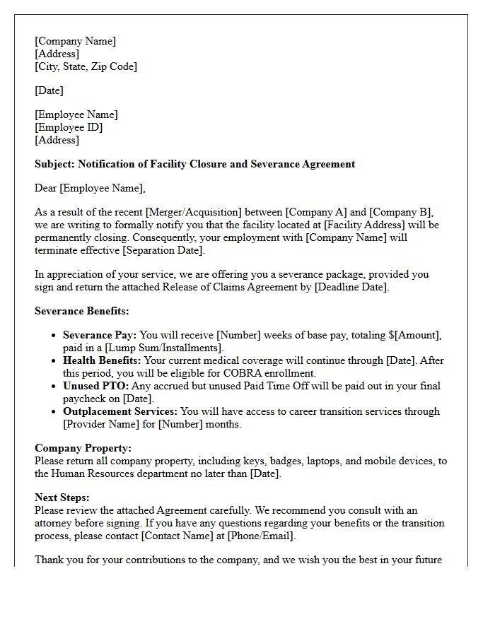Facility Closure Merger And Acquisition Severance Letter