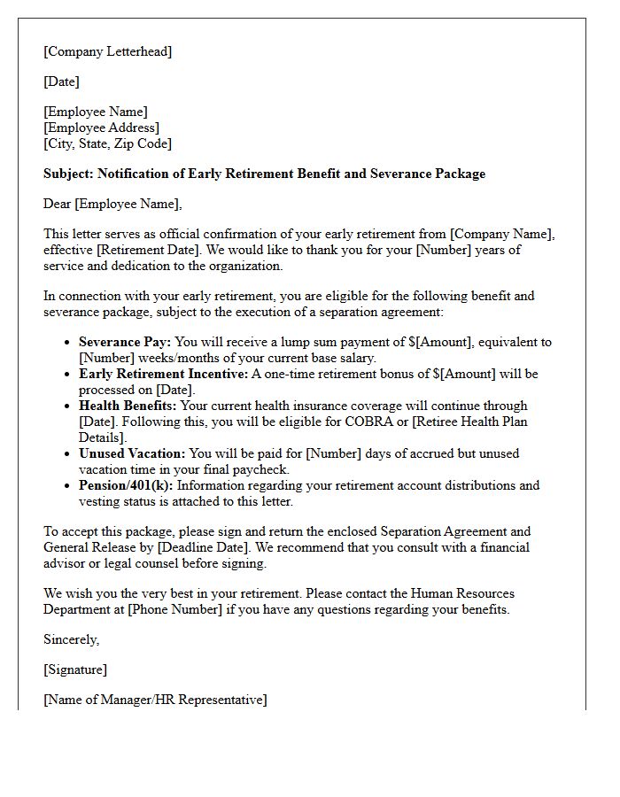 Early Retirement Benefit and Severance Letter