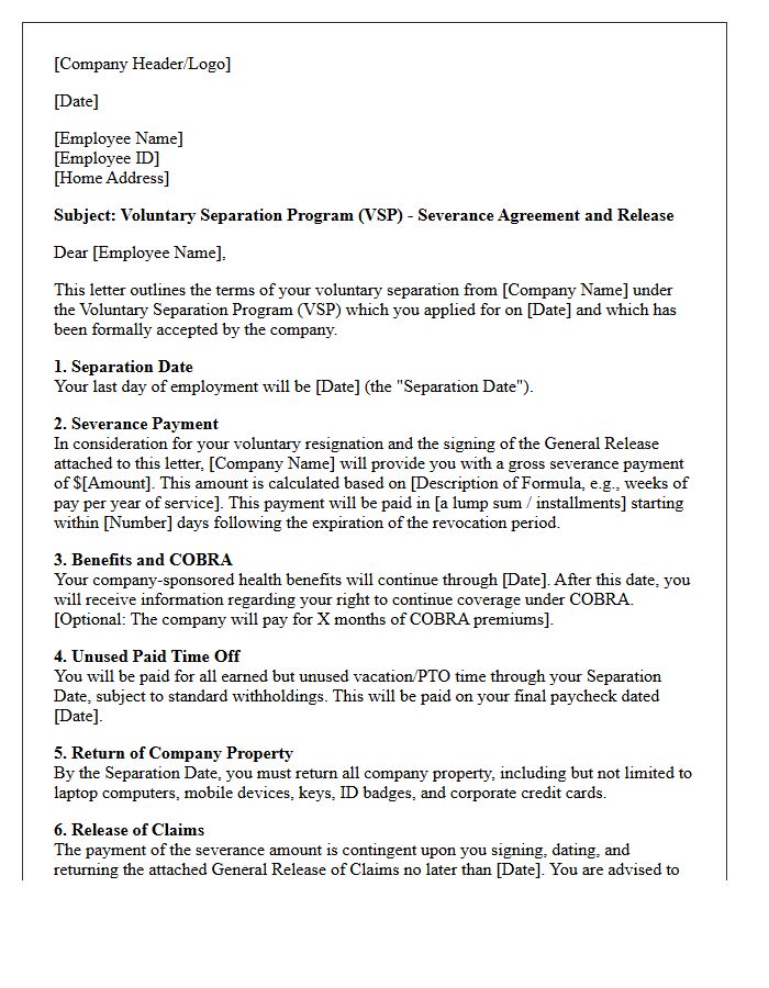 Voluntary Separation Program Severance Letter