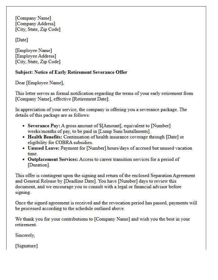 Notice of Early Retirement Severance Letter