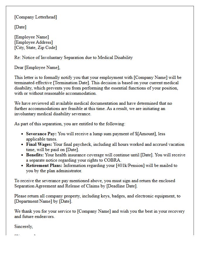Involuntary Medical Disability Severance Letter