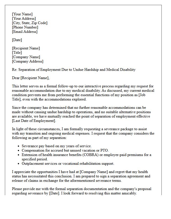Reasonable Accommodation Hardship Medical Disability Severance Letter