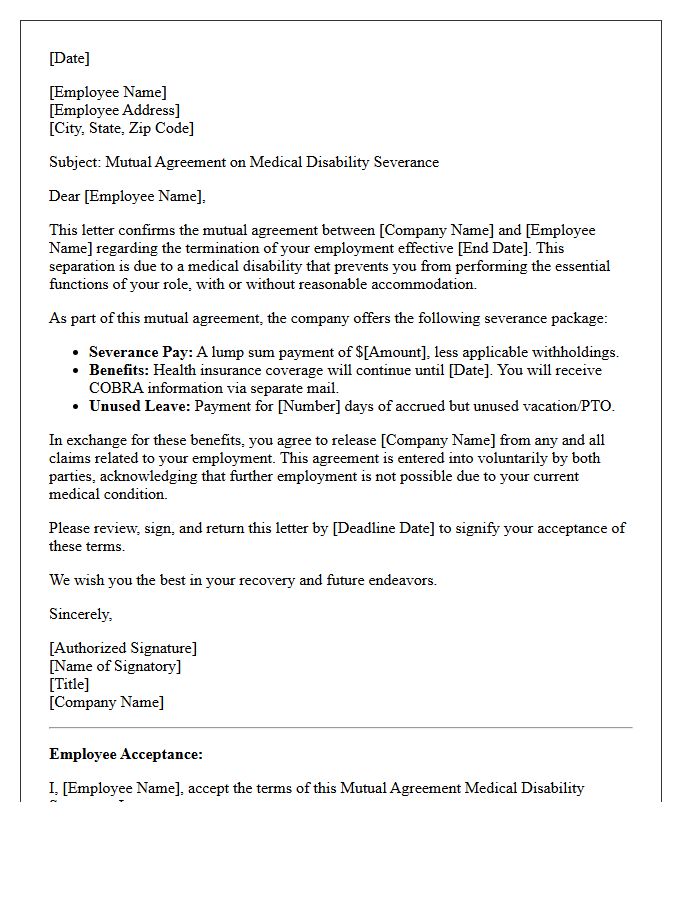 Mutual Agreement Medical Disability Severance Letter