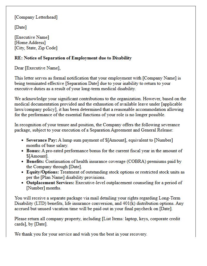 Executive Medical Disability Severance Letter