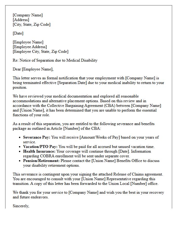 Union Employee Medical Disability Severance Letter