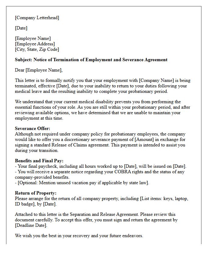 Probationary Employee Medical Disability Severance Letter