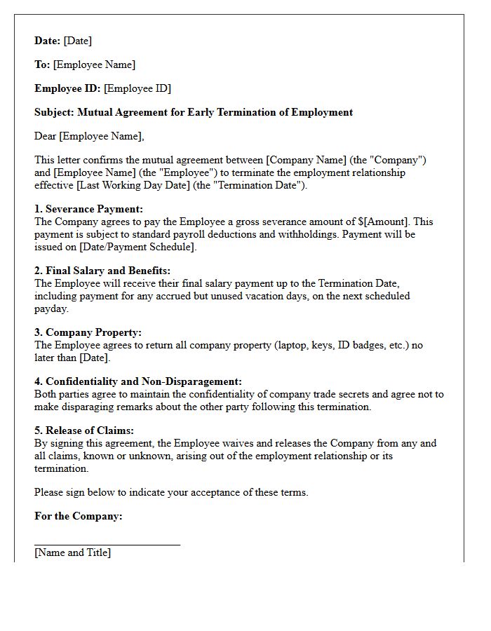 Mutual Agreement Early Termination Severance Letter