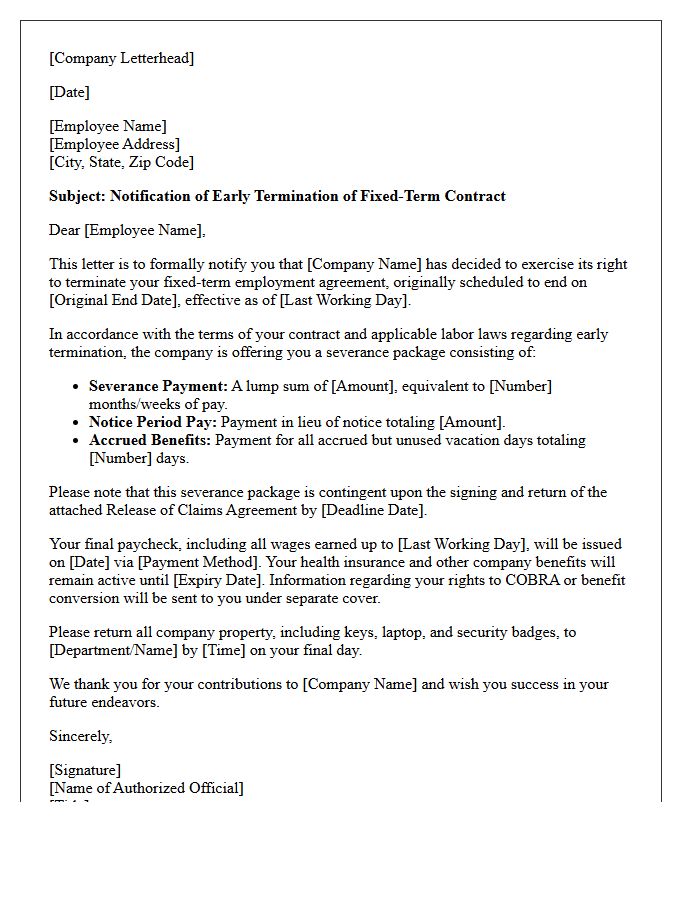 Employer Initiated Fixed-Term Early Termination Severance Letter