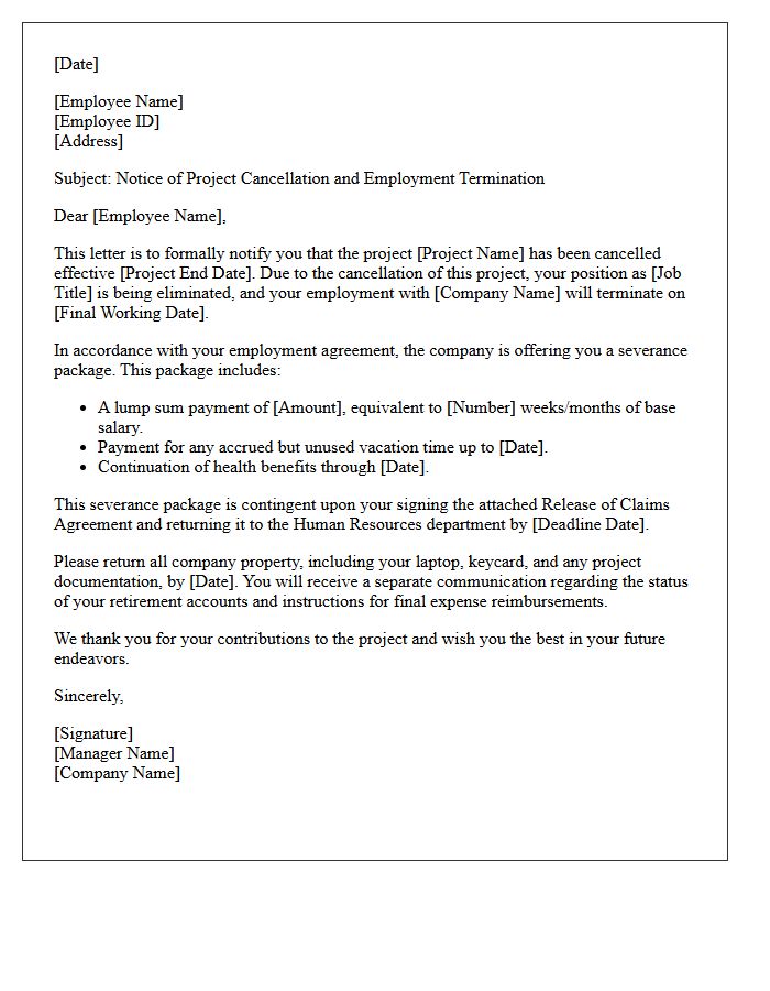 Project Cancellation Early Termination Severance Letter