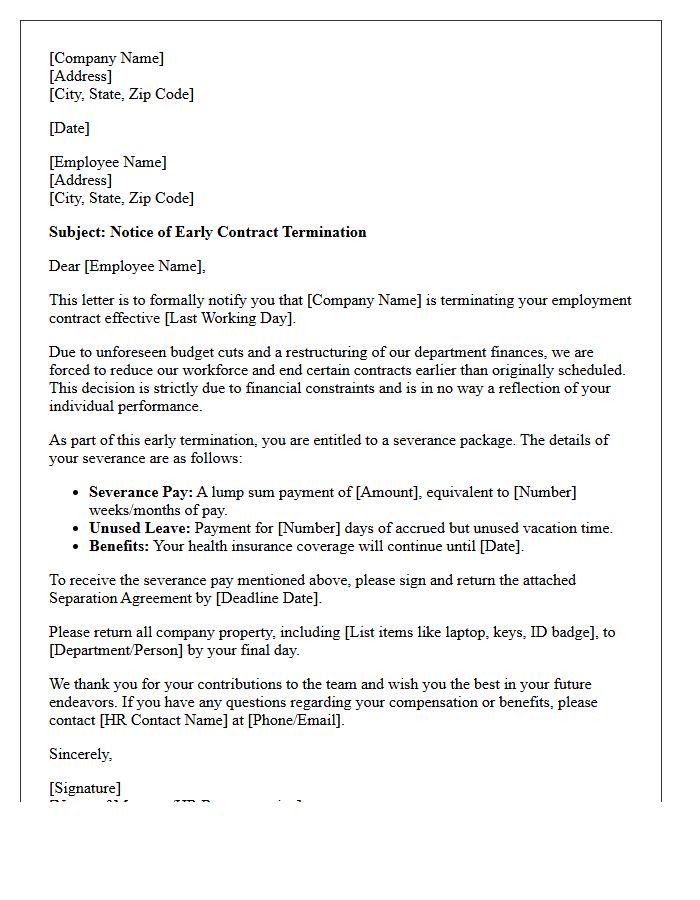 Budget Cut Early Contract Termination Severance Letter