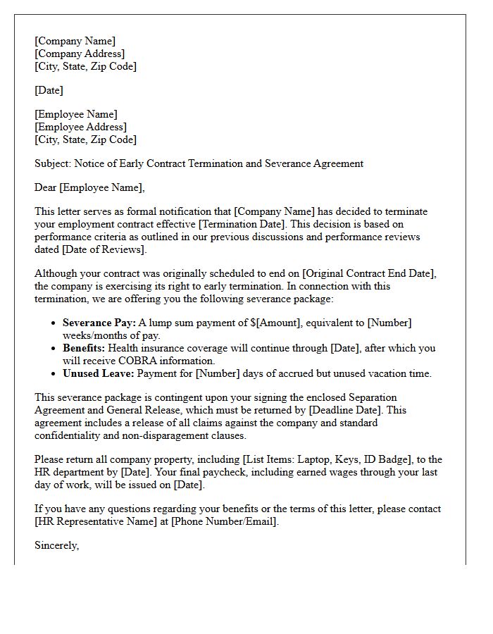 Performance Based Early Contract Termination Severance Letter