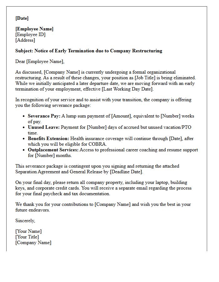 Company Restructuring Early Termination Severance Letter