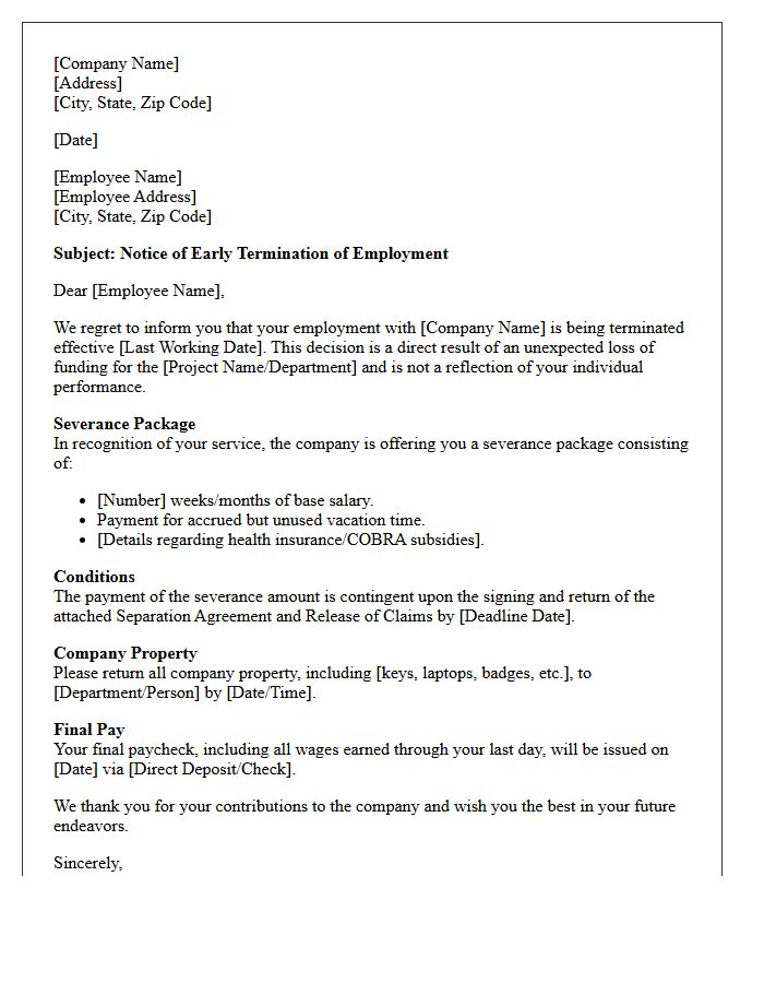 Loss of Funding Early Termination Severance Letter
