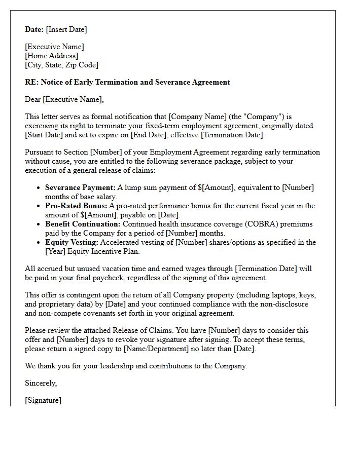 Executive Fixed-Term Early Termination Severance Letter