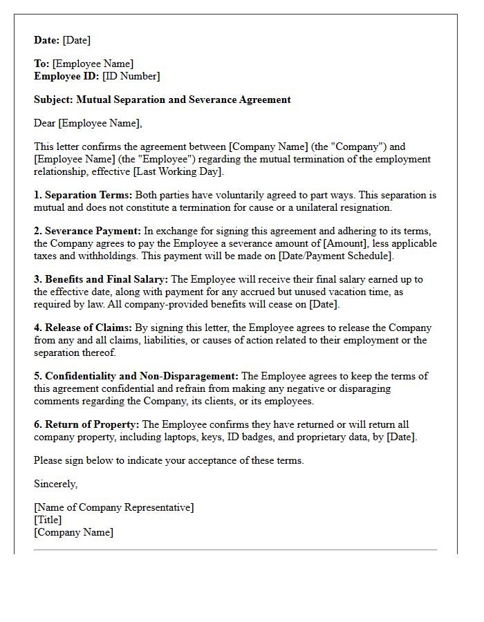 Standard Mutual Separation Severance Letter