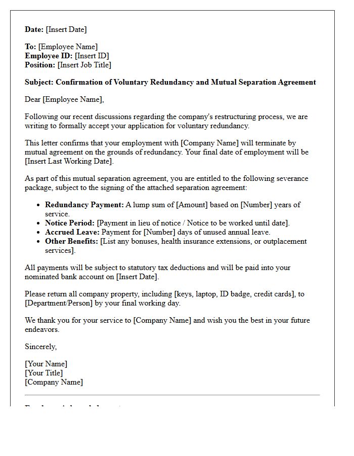 Voluntary Redundancy Mutual Separation Severance Letter