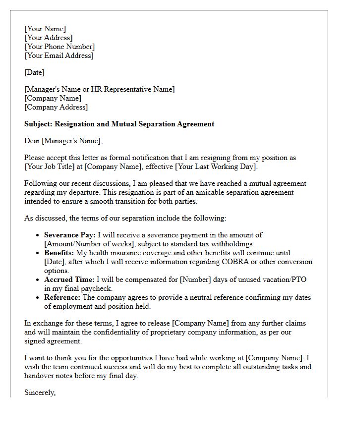 Amicable Resignation Mutual Separation Severance Letter