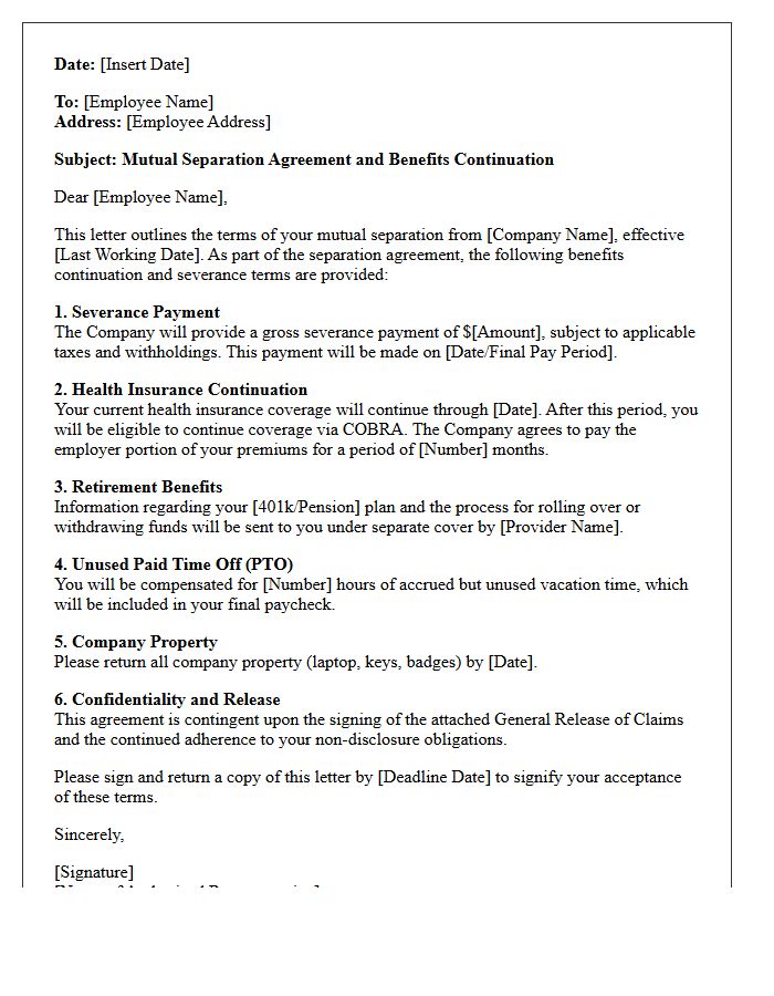 Benefits Continuation Mutual Separation Severance Letter