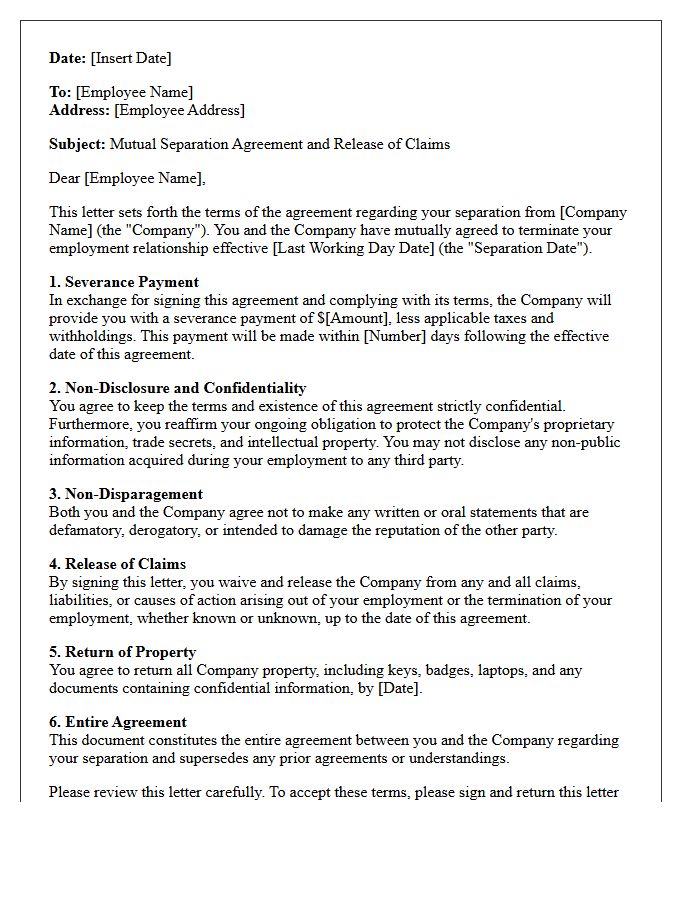 Non-Disclosure Mutual Separation Severance Letter