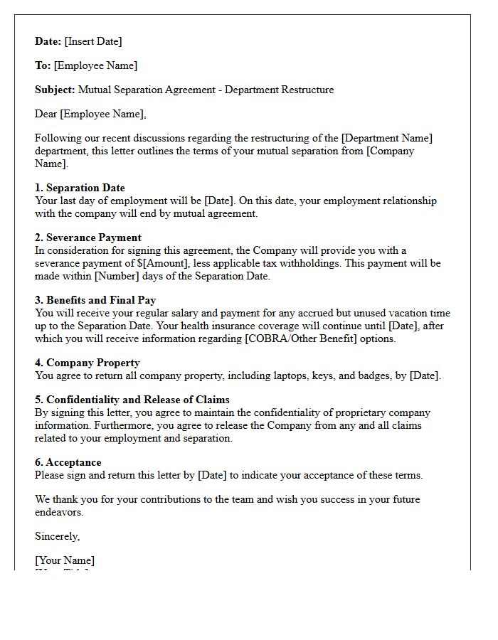 Department Restructure Mutual Separation Severance Letter